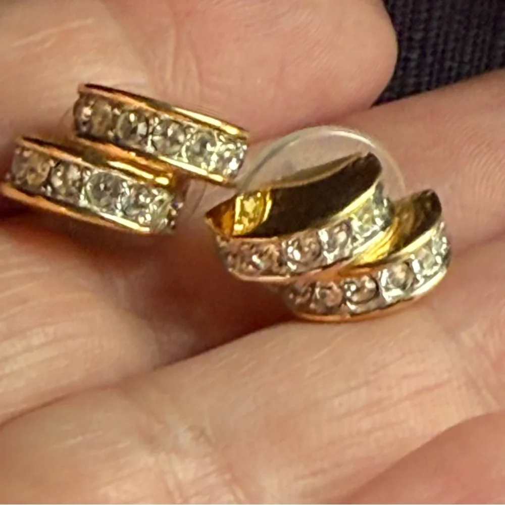 2 Pairs Post Earrings Gold Tone with Rhinestones and Silver Tone Rectangles